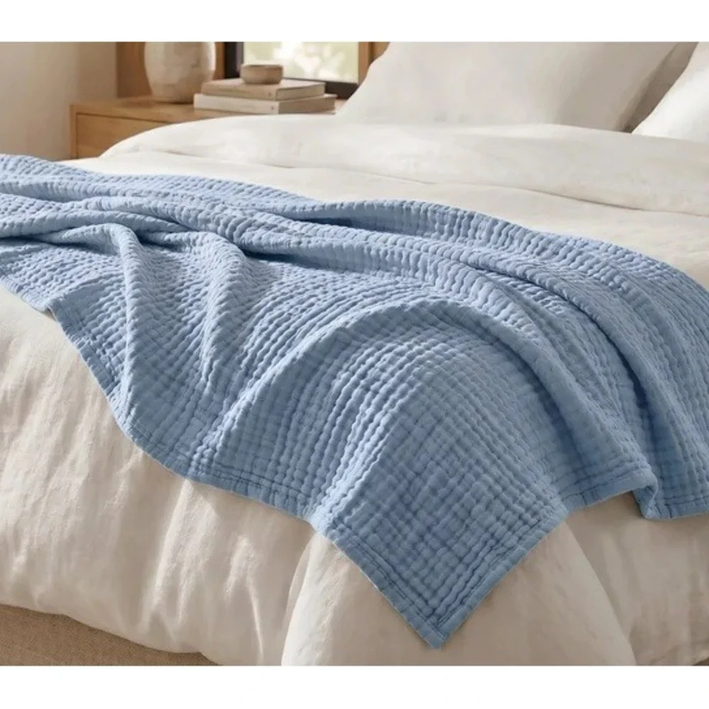 The Fleece Company Muslin Blanket Baby Blue 100% Cotton Large Throw 60x80
